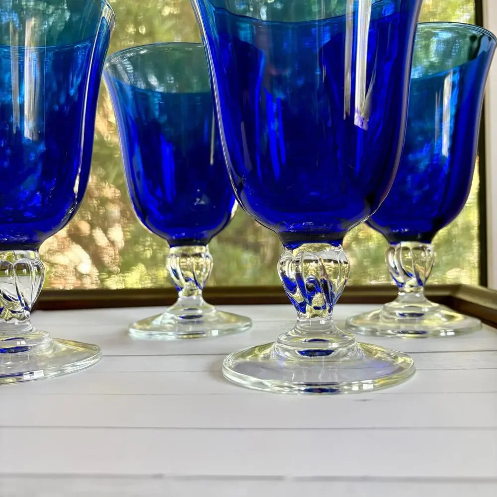 Vintage Cristal D’Arques Cobalt Blue Goblets Set of 4 Wine Glasses